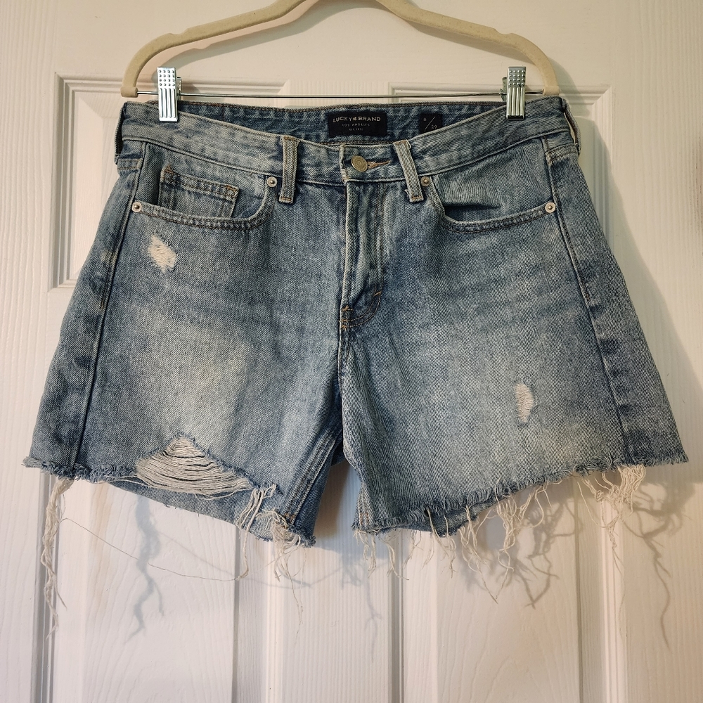 Lucky Brand Button and Zip Straight Fit Dostressed Jean Midi Shorts Size 29